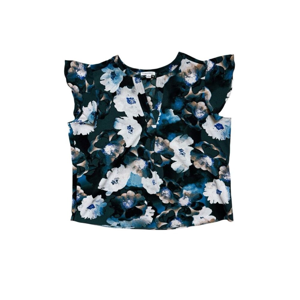 Calvin Klein Floral Blouse Size L Blue Green Flutter Sleeve V-Neck Stretch